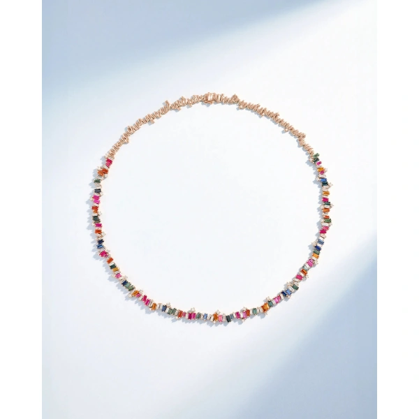 Suzanne Kalan Bold Burst Rainbow Sapphire Tennis Necklace in 18K Rose Gold | Fine Necklaces | Coveti