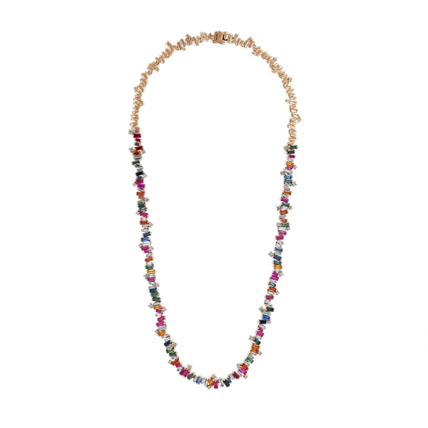 Suzanne Kalan Bold Burst Rainbow Sapphire Tennis Necklace in 18K Rose Gold | Fine Necklaces | Coveti