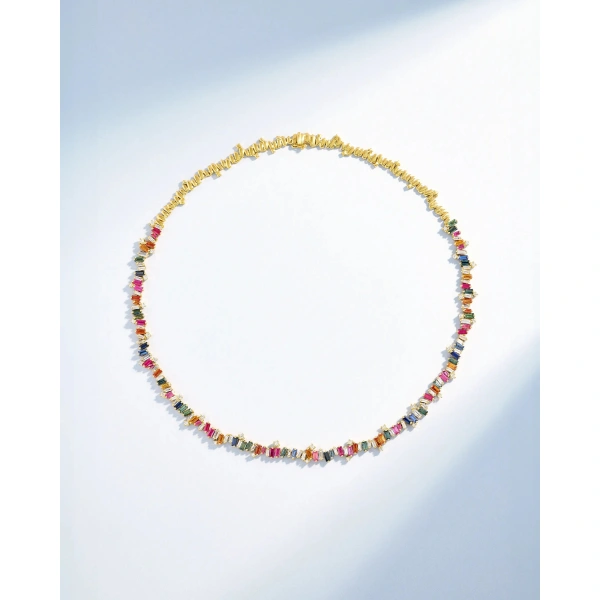 Suzanne Kalan Bold Burst Rainbow Sapphire Tennis Necklace in 18K Yellow Gold | Fine Necklaces | Coveti