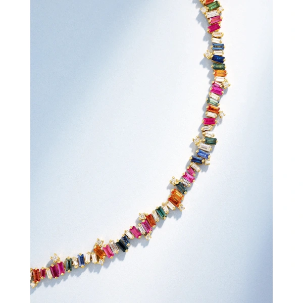 Suzanne Kalan Bold Burst Rainbow Sapphire Tennis Necklace in 18K Yellow Gold | Fine Necklaces | Coveti