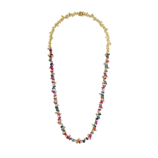 Suzanne Kalan Bold Burst Rainbow Sapphire Tennis Necklace in 18K Yellow Gold | Fine Necklaces | Coveti