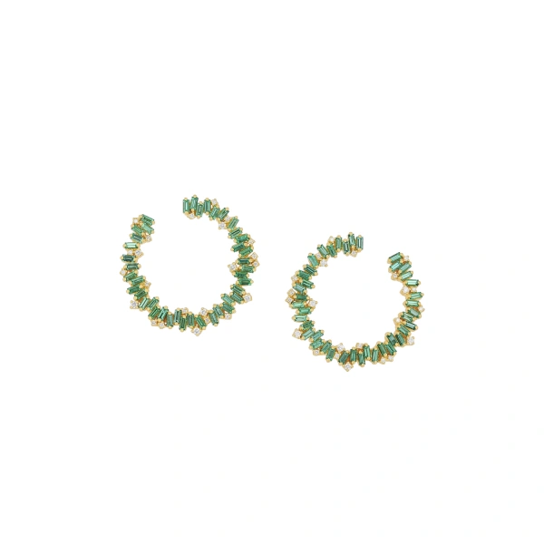 Suzanne Kalan Bold Burst Sideways Midi Hoops in 18K Yellow Gold, Emerald | Fine Earrings | Coveti