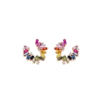Suzanne Kalan Bold Burst Sideways Mini Hoops in 18K Rose Gold, Rainbow Sapphire | Fine Earrings | Coveti