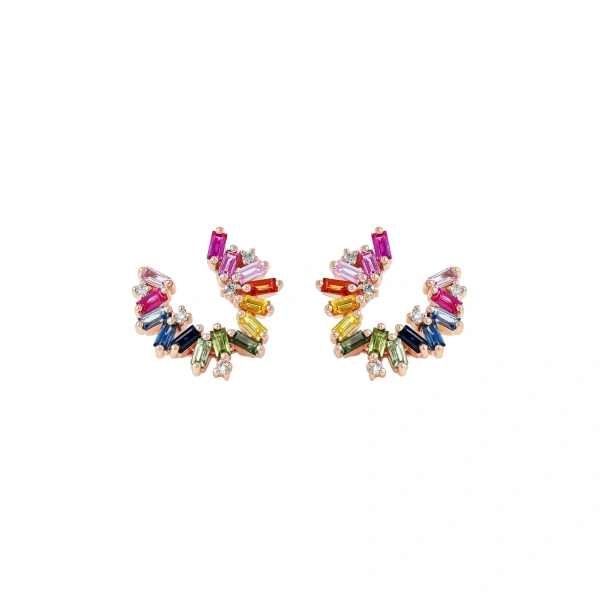 Bold Burst Sideways Mini Hoops in 18K Rose Gold, Rainbow Sapphire