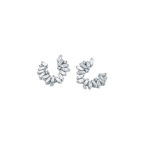 Suzanne Kalan Bold Burst Sideways Mini Hoops in 18K White Gold | Fine Earrings | Coveti