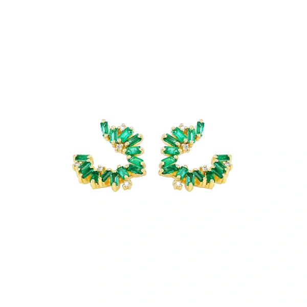 Suzanne Kalan Bold Burst Sideways Mini Hoops in 18K Yellow Gold, Emerald | Fine Earrings | Coveti