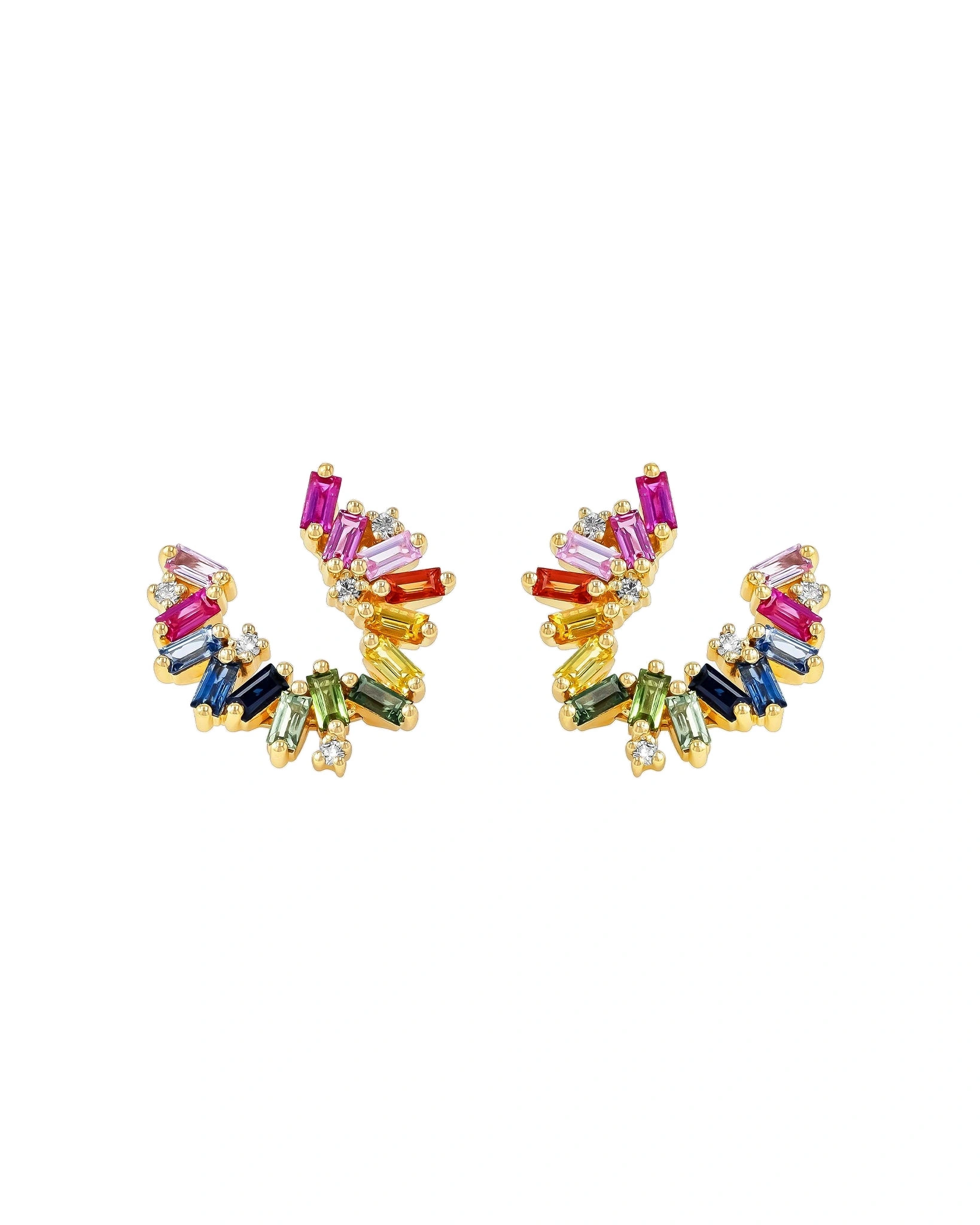 Suzanne Kalan Bold Burst Sideways Mini Hoops in 18K Yellow Gold, Rainbow Sapphire Suzanne Kalan Bold Burst Sideways Mini Hoops in 18K Yellow Gold, Rainbow Sapphire | Fine Earrings | Coveti