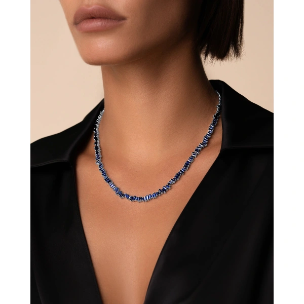 Suzanne Kalan Bold Dark Blue Sapphire Tennis Necklace in 18K White Gold | Fine Necklaces | Coveti