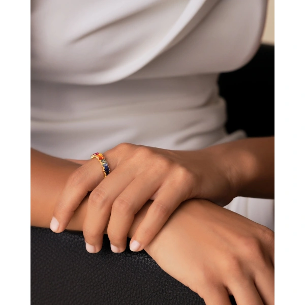 Suzanne Kalan Bold Rainbow Sapphire Eternity Band in 18K Yellow Gold | Fine Rings | Coveti