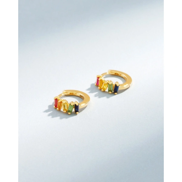 Suzanne Kalan Bold Rainbow Sapphire Huggies in 18K Yellow Gold | Fine Earrings | Coveti