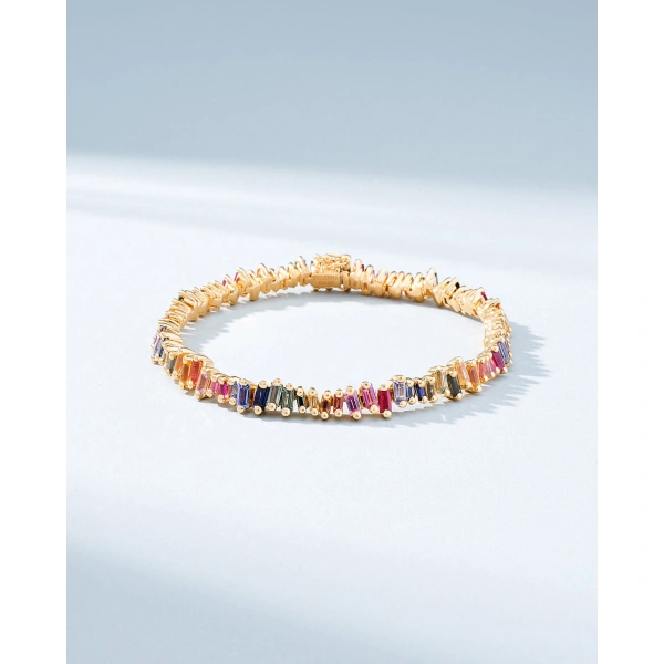 Suzanne Kalan Bold Rainbow Sapphire Tennis Bracelet in 18K Yellow Gold | Fine Bracelets | Coveti