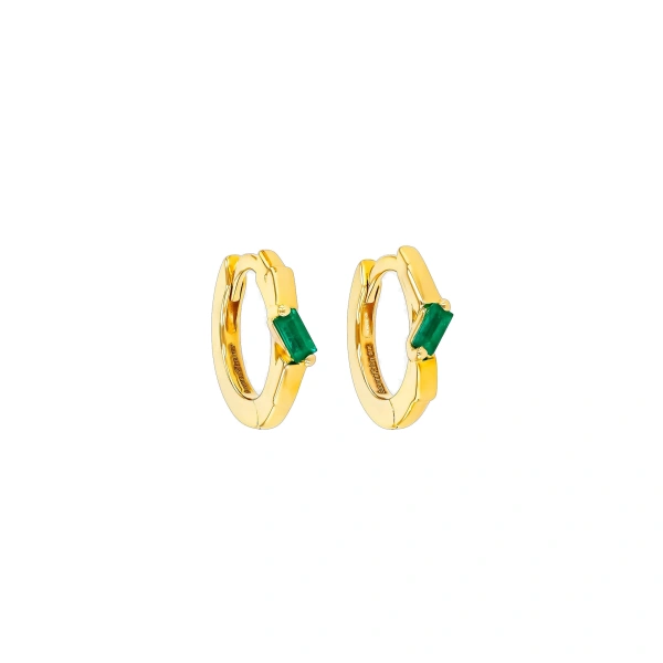 Suzanne Kalan Bold Single Emerald Huggies in 18K Yellow Gold | Fine Earrings | Coveti