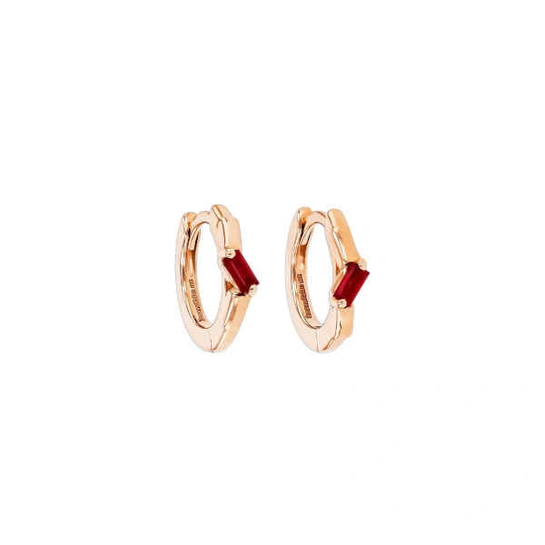 Suzanne Kalan Bold Single Huggies in 18K Rose Gold, Ruby | Fine Earrings | Coveti