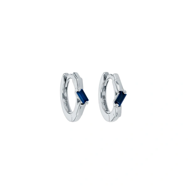 Suzanne Kalan Bold Single Huggies in 18K White Gold, Dark Blue Sapphire | Fine Earrings | Coveti
