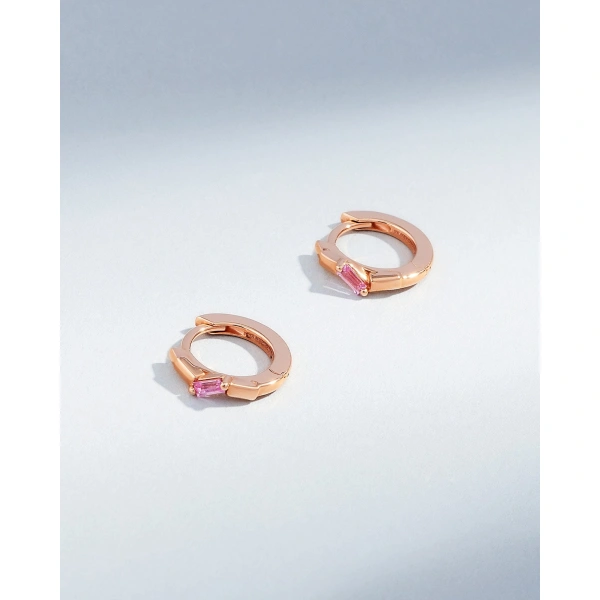 Suzanne Kalan Bold Single Pink Sapphire Huggies in 18K Rose Gold | Fine Earrings | Coveti