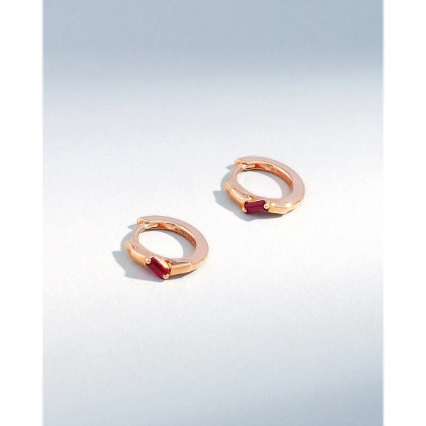 Suzanne Kalan Bold Single Ruby Huggies in 18K Rose Gold | Fine Earrings | Coveti