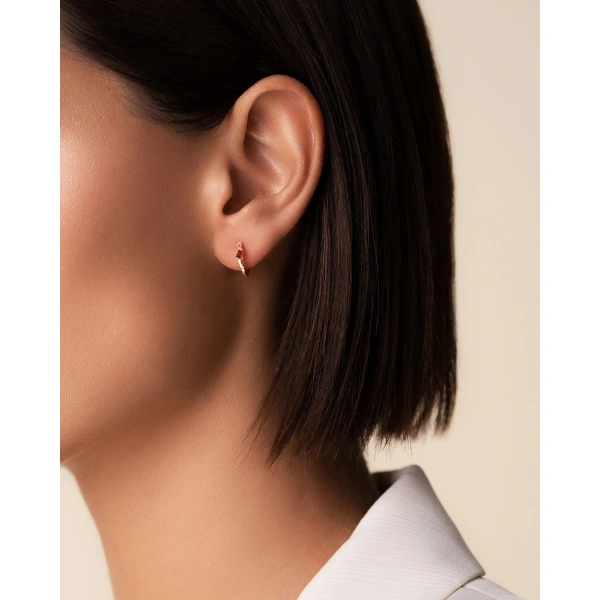 Suzanne Kalan Bold Single Ruby Huggies in 18K Rose Gold | Fine Earrings | Coveti