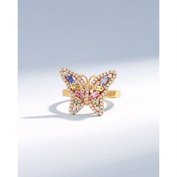 Suzanne Kalan Bold Small Butterfly Pastel Sapphire Ring in 18K Yellow Gold | Fine Rings | Coveti