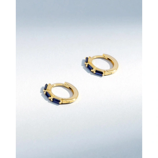 Suzanne Kalan Bold Triple Dark Blue Sapphire Huggies in 18K Yellow Gold | Fine Earrings | Coveti