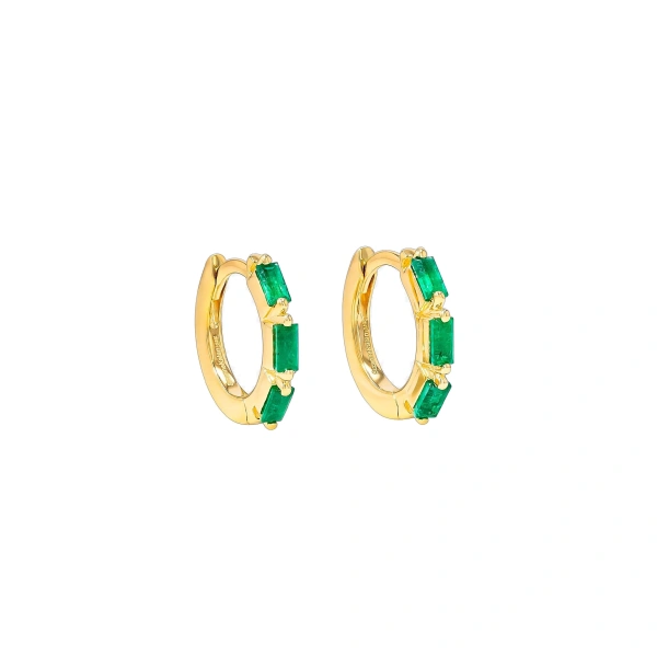 Suzanne Kalan Bold Triple Emerald Huggies in 18K Yellow Gold | Fine Earrings | Coveti