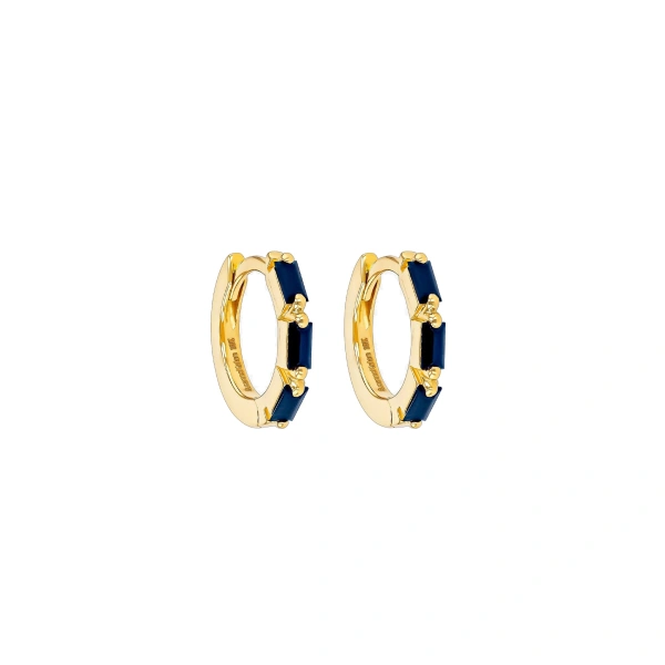 Suzanne Kalan Bold Triple Huggies in 18K Yellow Gold, Dark Blue Sapphire | Fine Earrings | Coveti