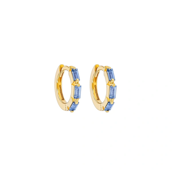 Suzanne Kalan Bold Triple Huggies in 18K Yellow Gold, Light Blue Sapphire | Fine Earrings | Coveti