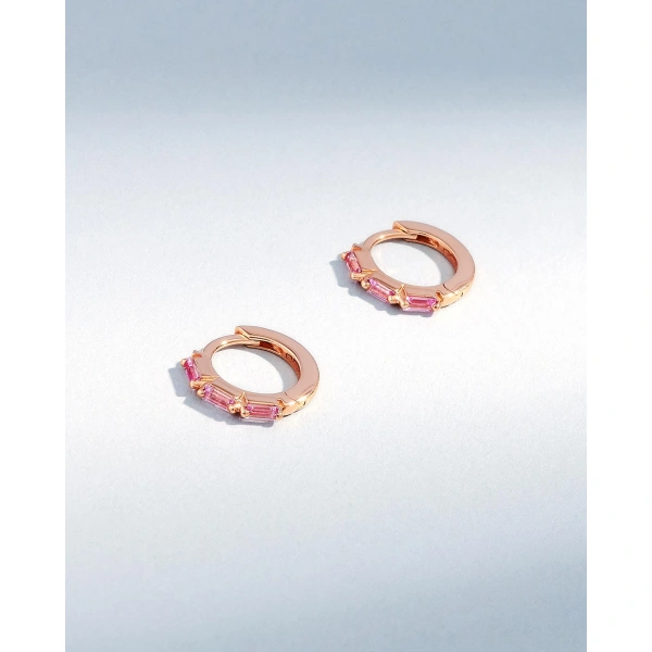 Suzanne Kalan Bold Triple Pink Sapphire Huggies in 18K Rose Gold | Fine Earrings | Coveti