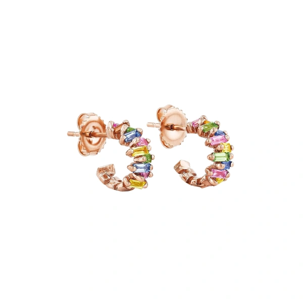Suzanne Kalan Bold ZigZag Mini Hoops in 18K Rose Gold, Pastel Sapphire | Fine Earrings | Coveti