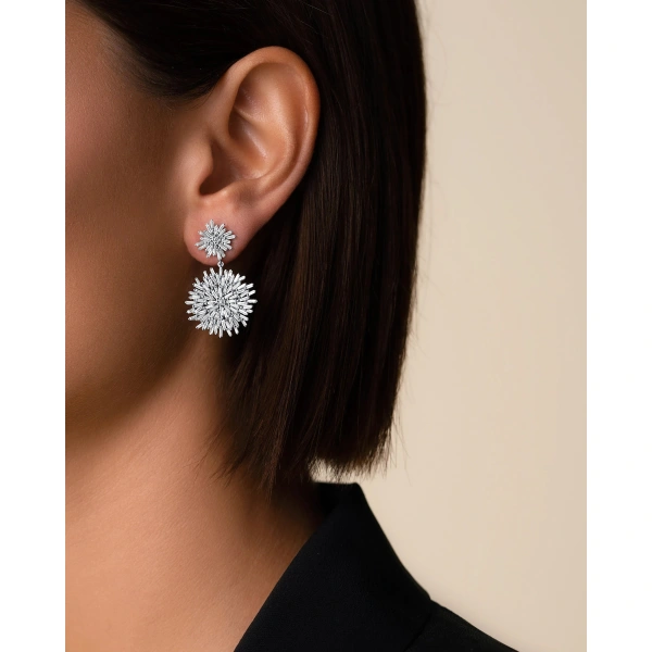 Suzanne Kalan Classic Diamond Midi Flower Drop Earrings in 18K White Gold | Fine Earrings | Coveti