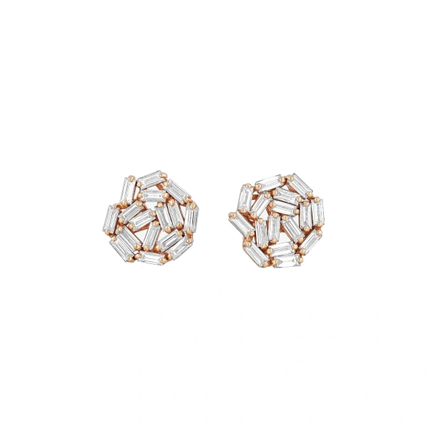 Suzanne Kalan Classic Diamond Round Baguette Studs in 18K Rose Gold | Fine Earrings | Coveti