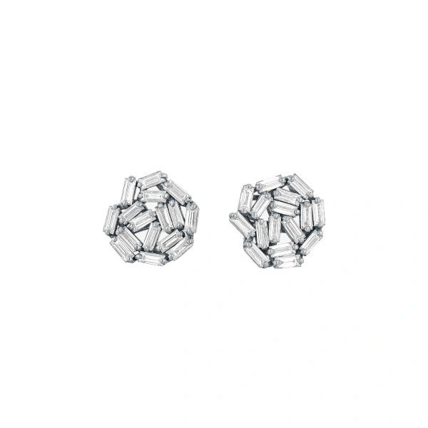 Suzanne Kalan Classic Diamond Round Baguette Studs in 18K White Gold | Fine Earrings | Coveti