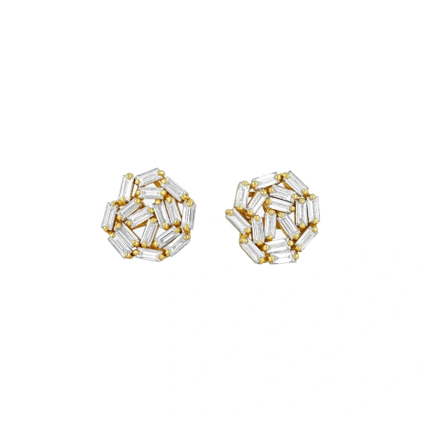 Suzanne Kalan Classic Diamond Round Baguette Studs in 18K Yellow Gold | Fine Earrings | Coveti
