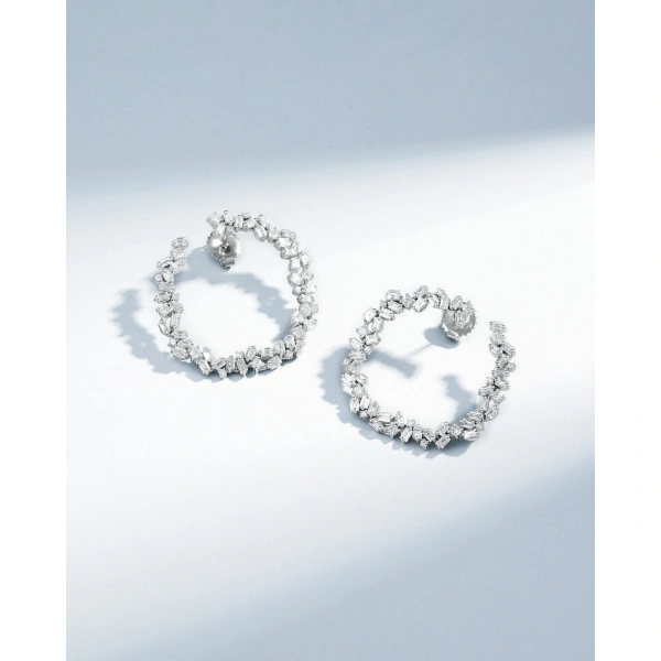Suzanne Kalan Classic Diamond Sideways Cluster Midi Hoops in 18K White Gold | Fine Earrings | Coveti