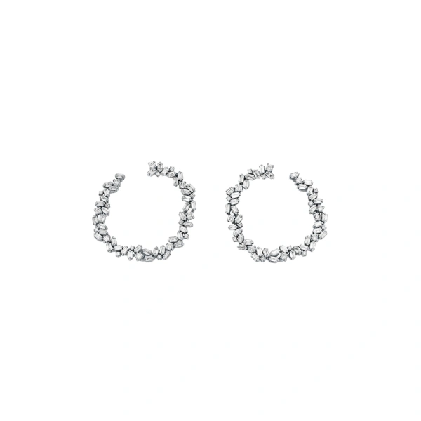 Suzanne Kalan Classic Diamond Sideways Cluster Midi Hoops in 18K White Gold | Fine Earrings | Coveti