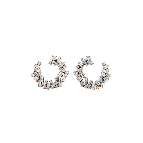 Suzanne Kalan Classic Diamond Sideways Cluster Mini Hoops in 18K Rose Gold | Fine Earrings | Coveti