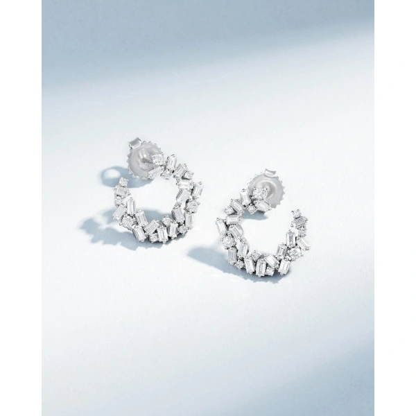 Suzanne Kalan Classic Diamond Sideways Cluster Mini Hoops in 18K White Gold | Fine Earrings | Coveti