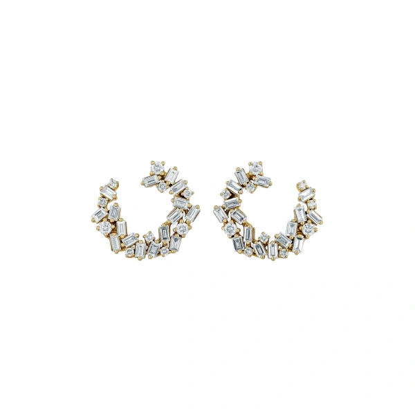 Suzanne Kalan Classic Diamond Sideways Cluster Mini Hoops in 18K Yellow Gold | Fine Earrings | Coveti