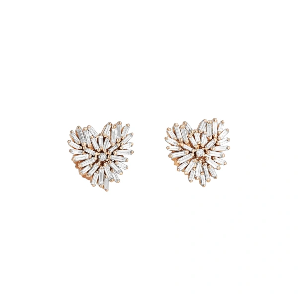 Suzanne Kalan Classic Diamond Small Heart Studs in 18K Rose Gold | Fine Earrings | Coveti