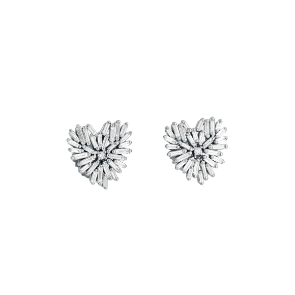 Classic Diamond Small Heart Studs in 18K White Gold