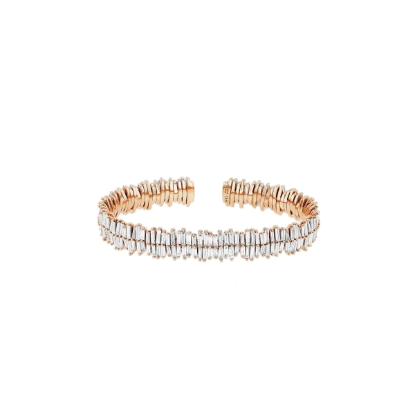 Suzanne Kalan Classic Gold Full Baguette Midi Bangle in 18K Rose Gold | Fine Bracelets | Coveti