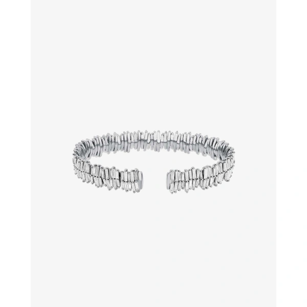 Suzanne Kalan Classic Gold Full Baguette Midi Bangle in 18K White Gold | Fine Bracelets | Coveti
