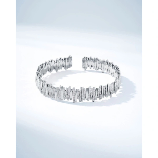Suzanne Kalan Classic Gold Half Pave Milli Bangle in 18K White Gold | Fine Bracelets | Coveti