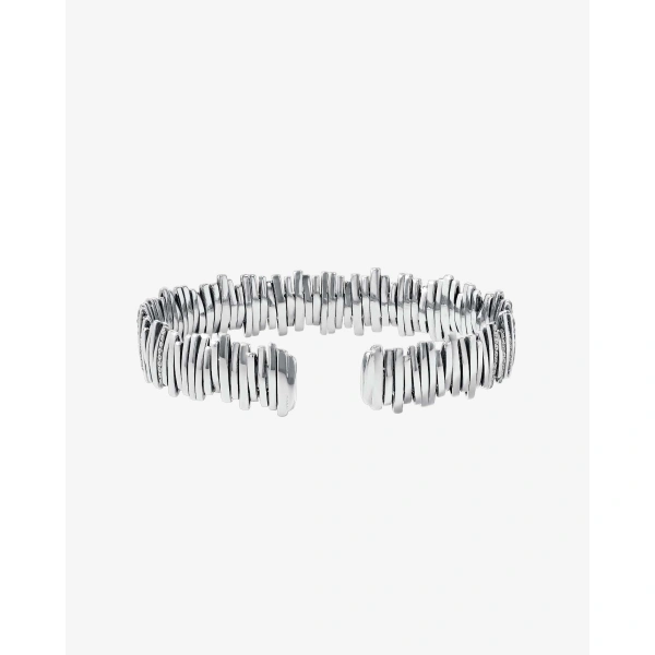 Suzanne Kalan Classic Gold Half Pave Milli Bangle in 18K White Gold | Fine Bracelets | Coveti