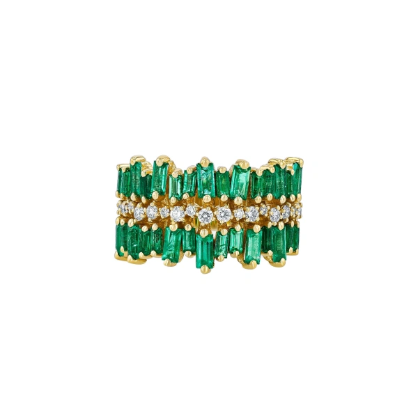 Double Short Stack Half Band in 18K Yellow Gold, Emerald