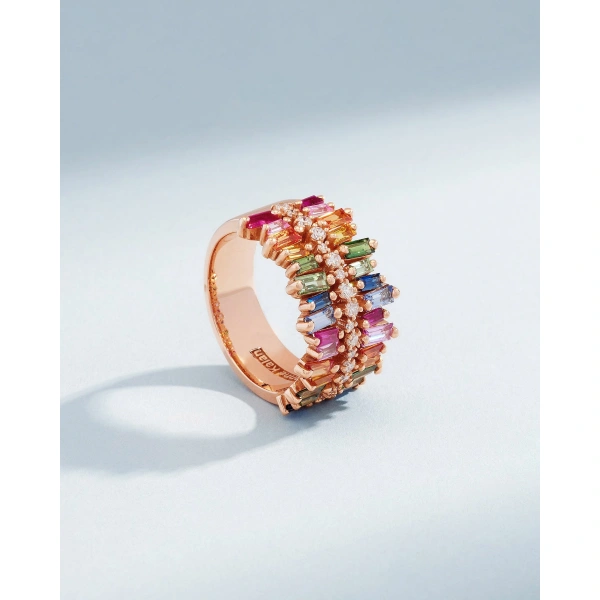Suzanne Kalan Double Short Stack Rainbow Sapphire Half Band in 18K Rose Gold | Fine Rings | Coveti