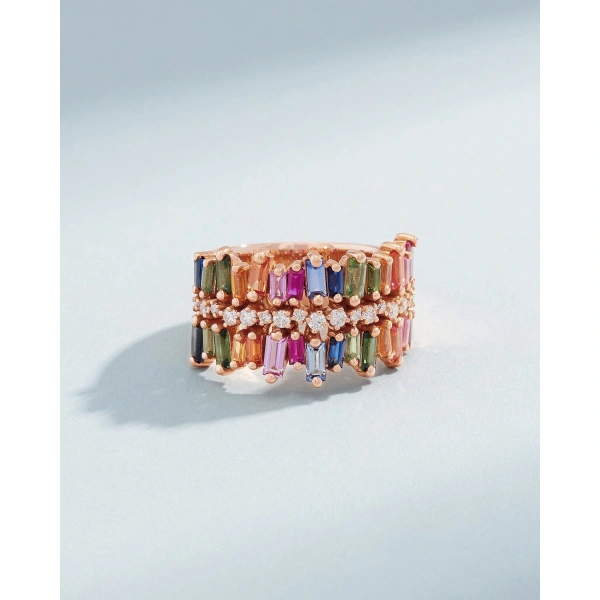 Suzanne Kalan Double Short Stack Rainbow Sapphire Half Band in 18K Rose Gold | Fine Rings | Coveti