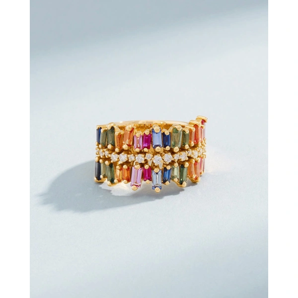 Suzanne Kalan Double Short Stack Rainbow Sapphire Half Band in 18K Yellow Gold | Fine Rings | Coveti