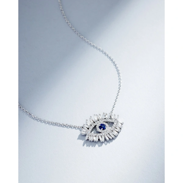 Suzanne Kalan Evil Eye Midi Dark Blue Sapphire Half Pave Pendant in 18K White Gold | Fine Necklaces | Coveti