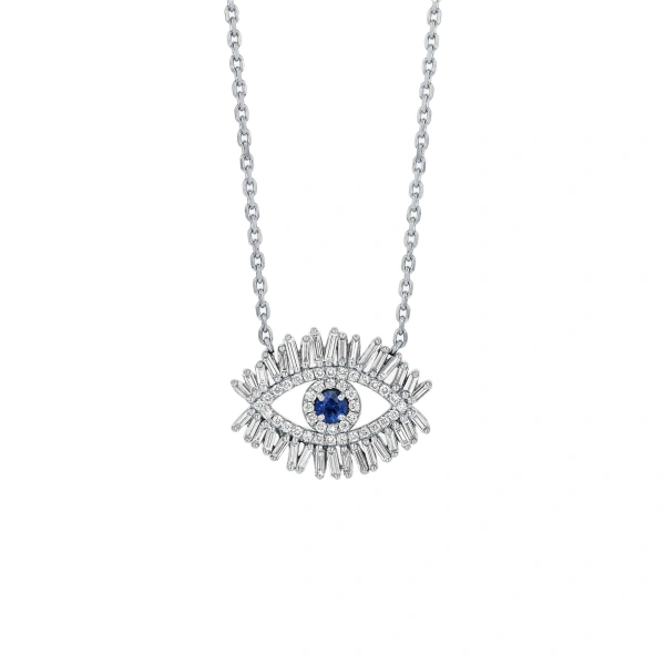 Suzanne Kalan Evil Eye Midi Dark Blue Sapphire Half Pave Pendant in 18K White Gold | Fine Necklaces | Coveti