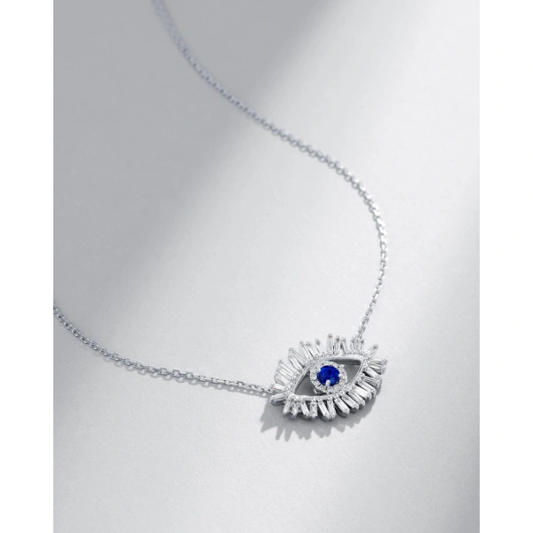 Suzanne Kalan Evil Eye Midi Dark Blue Sapphire Pendant in 18K White Gold | Fine Necklaces | Coveti
